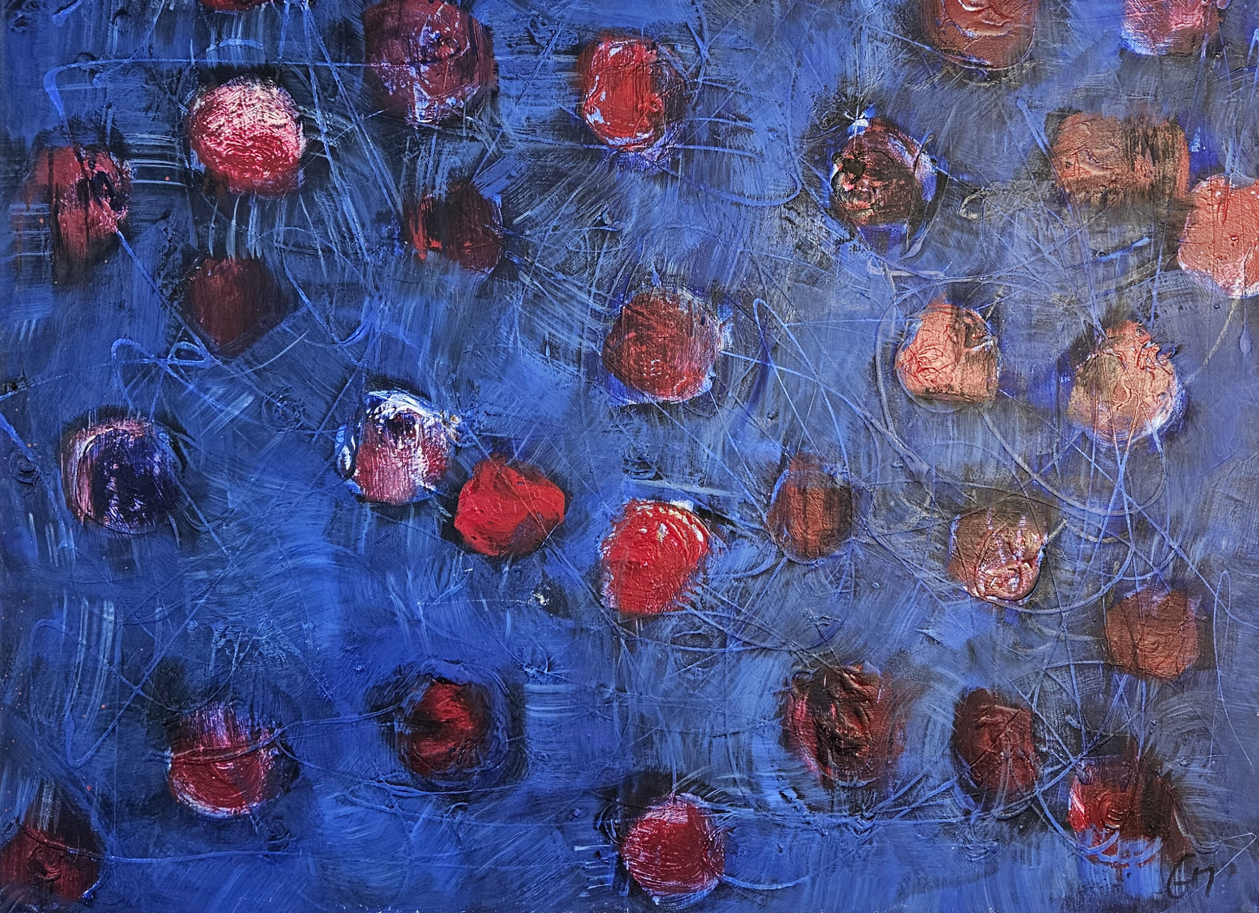 Petites roses rouges sur fond bleu acrylique sur toile 100x100cm – Image 5