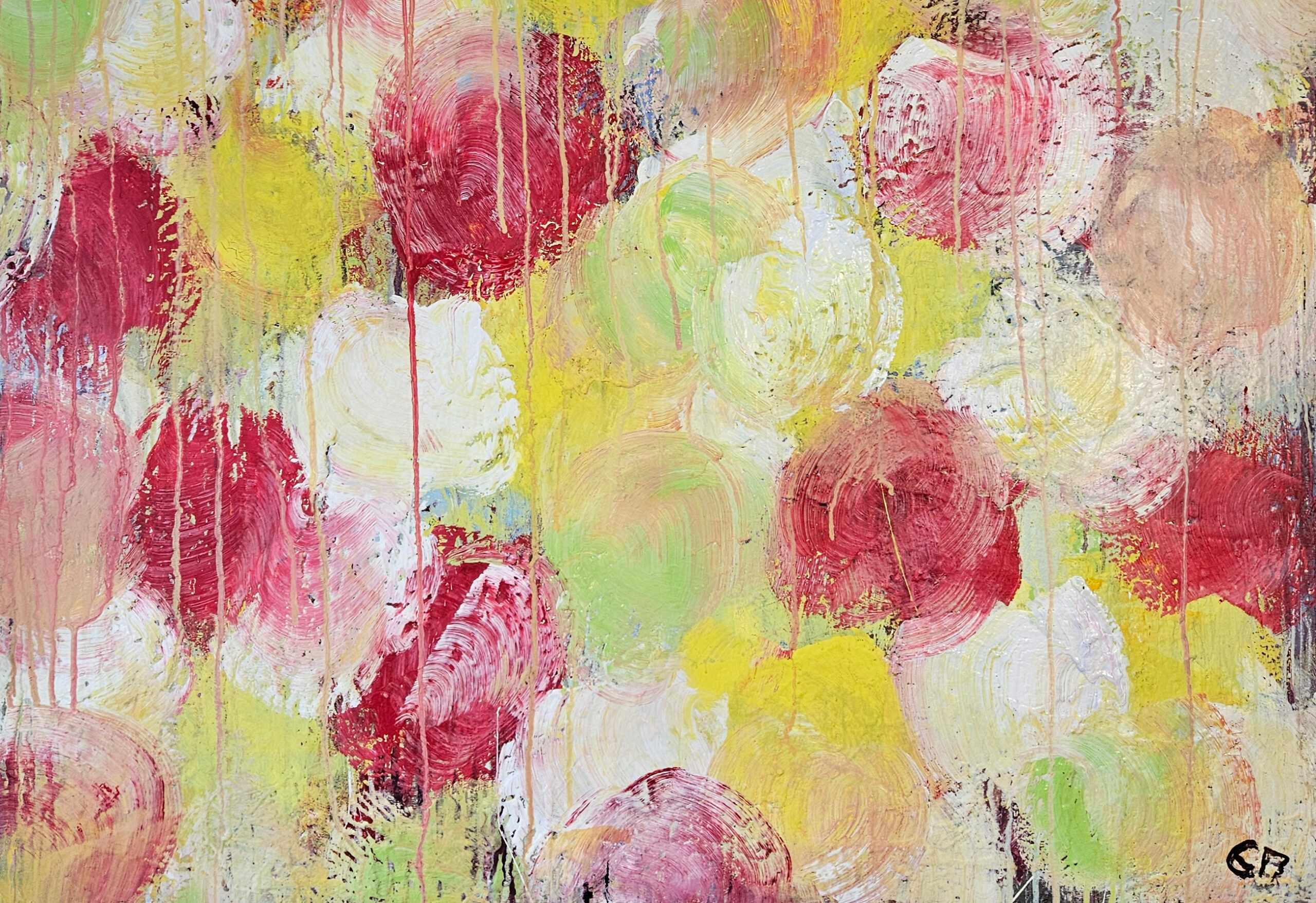 Fleurs rouges, vertes, jaunes peinture acrylique sur toile 100x100cm – Image 6