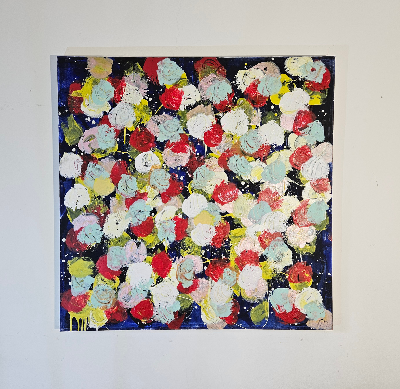 Fleurs bleues roses jaunes rouges: acrylique sur toile 100x100cm – Image 2