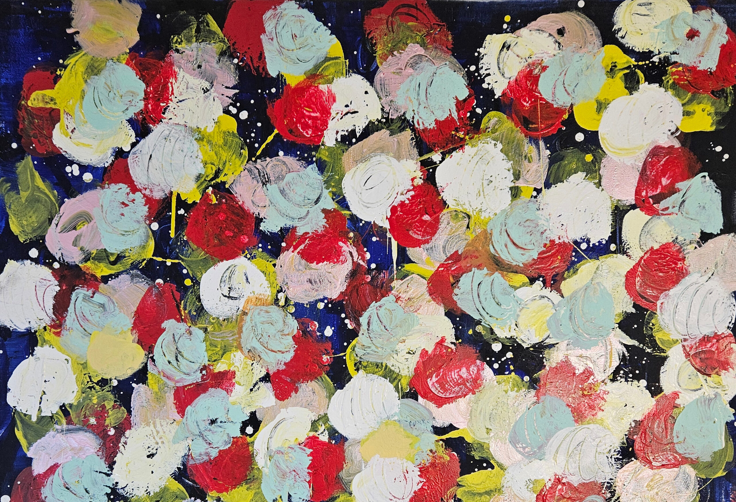 Fleurs bleues roses jaunes rouges: acrylique sur toile 100x100cm – Image 3