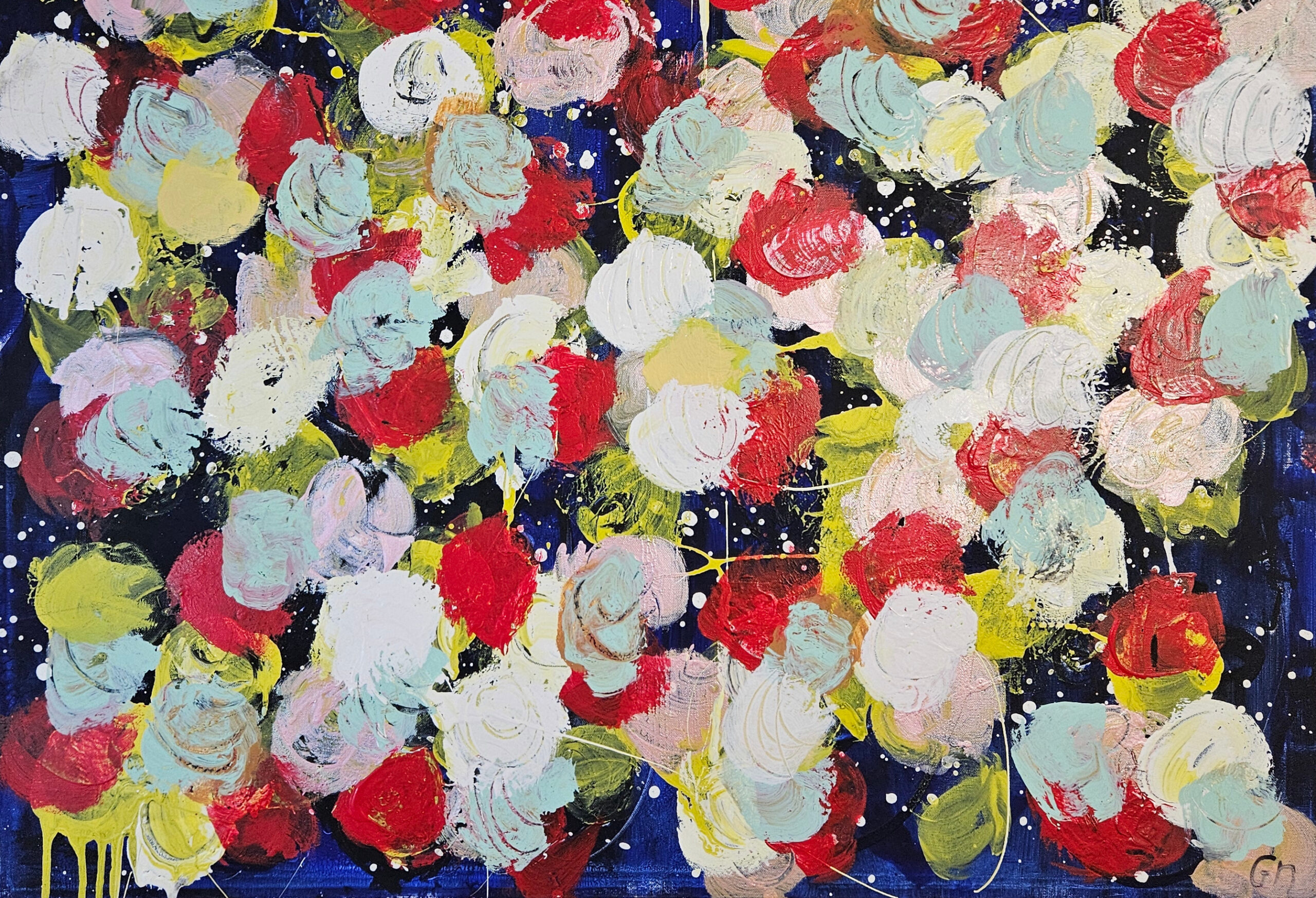 Fleurs bleues roses jaunes rouges: acrylique sur toile 100x100cm – Image 4