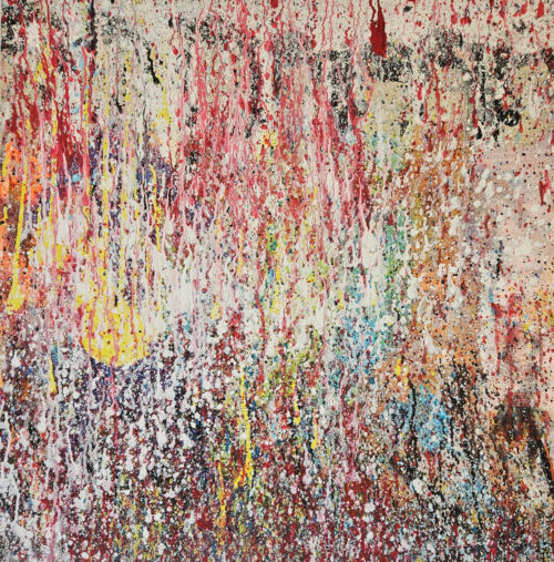 Abstraction multicolore, acrylique et collage sur toile 80x80cm