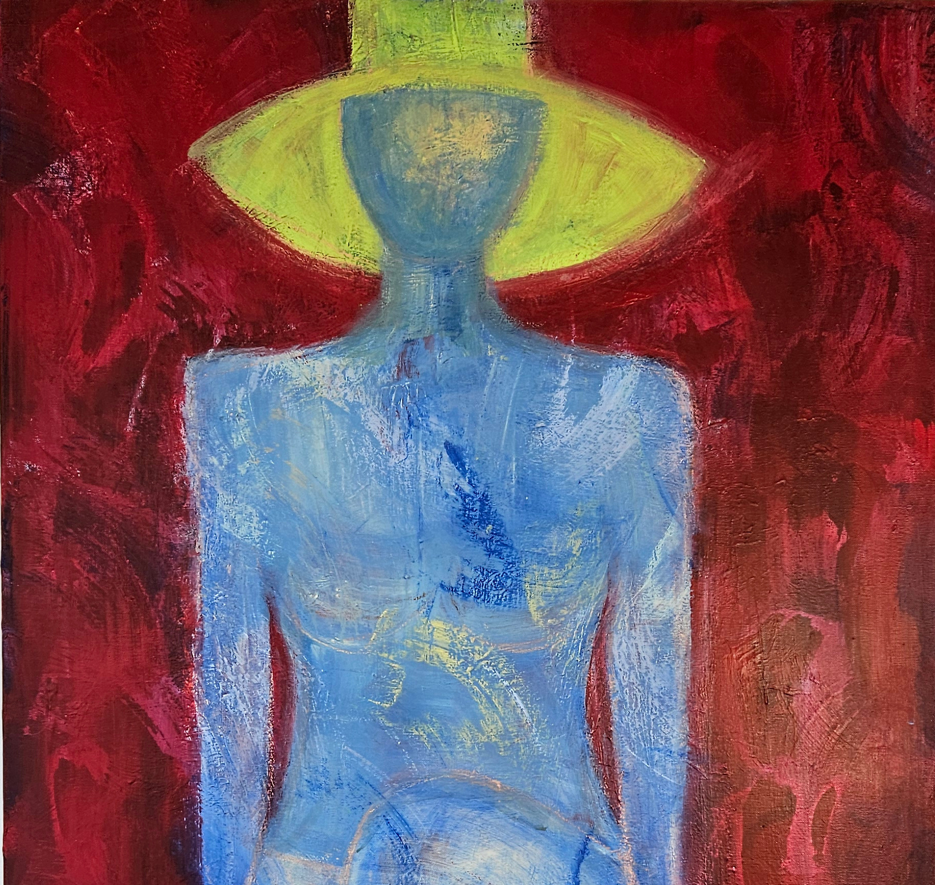 Femme au chapeau jaune peinture de nu acrylique sur toile 100x73cm – Image 3
