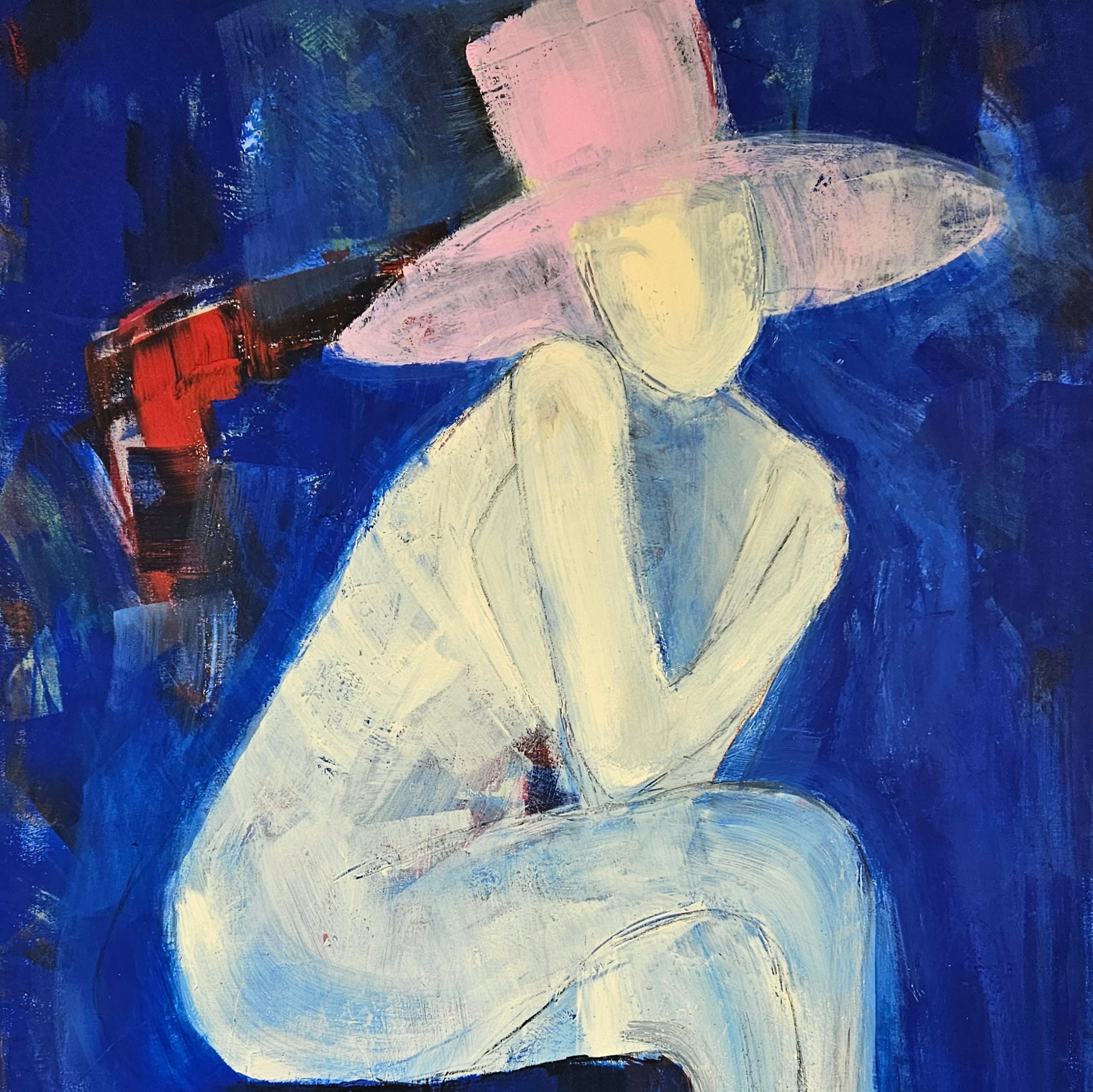 Femme au chapeau rose peinture acrylique sur toile 100x81cm – Image 3