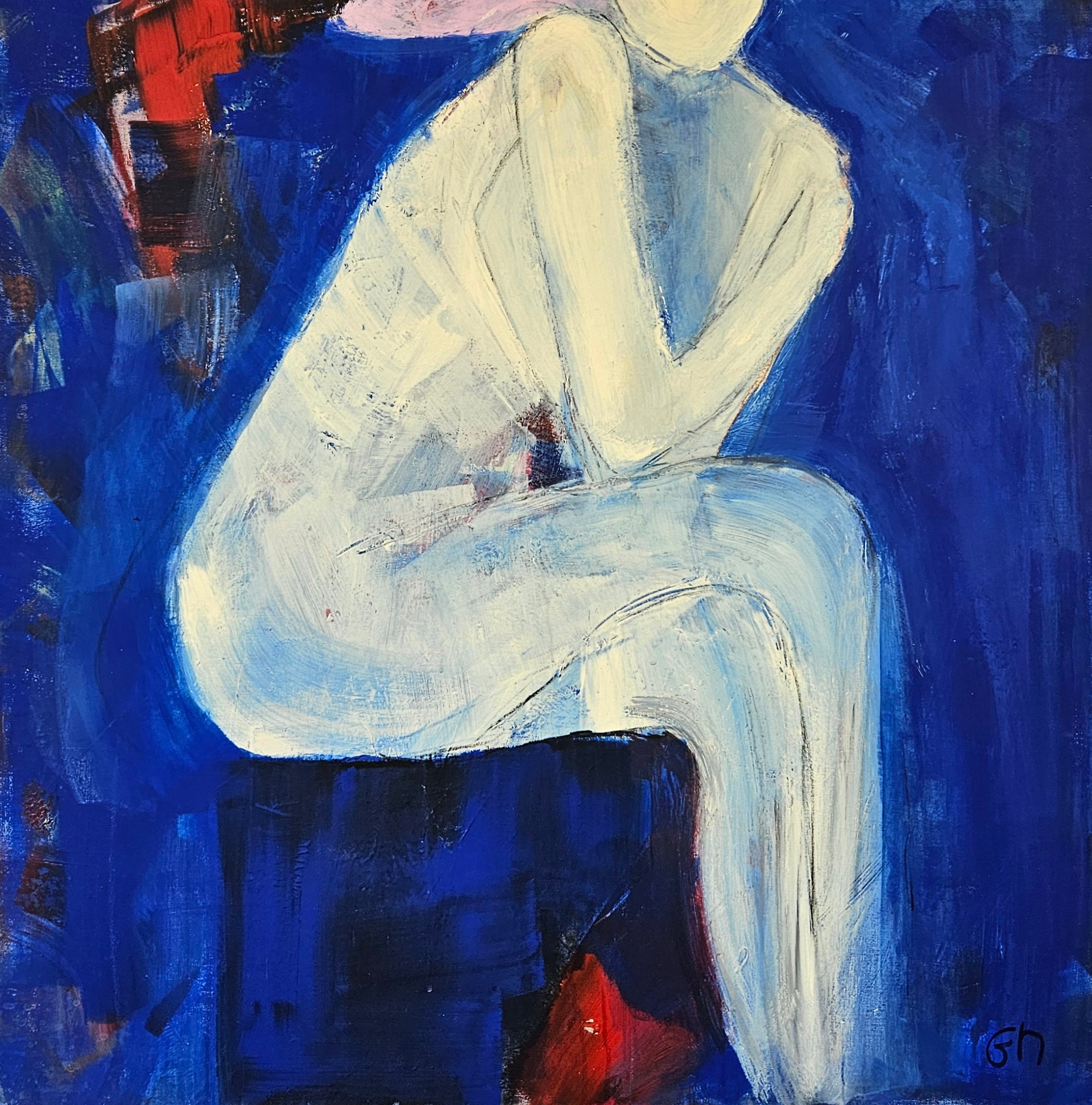 Femme au chapeau rose peinture acrylique sur toile 100x81cm – Image 5