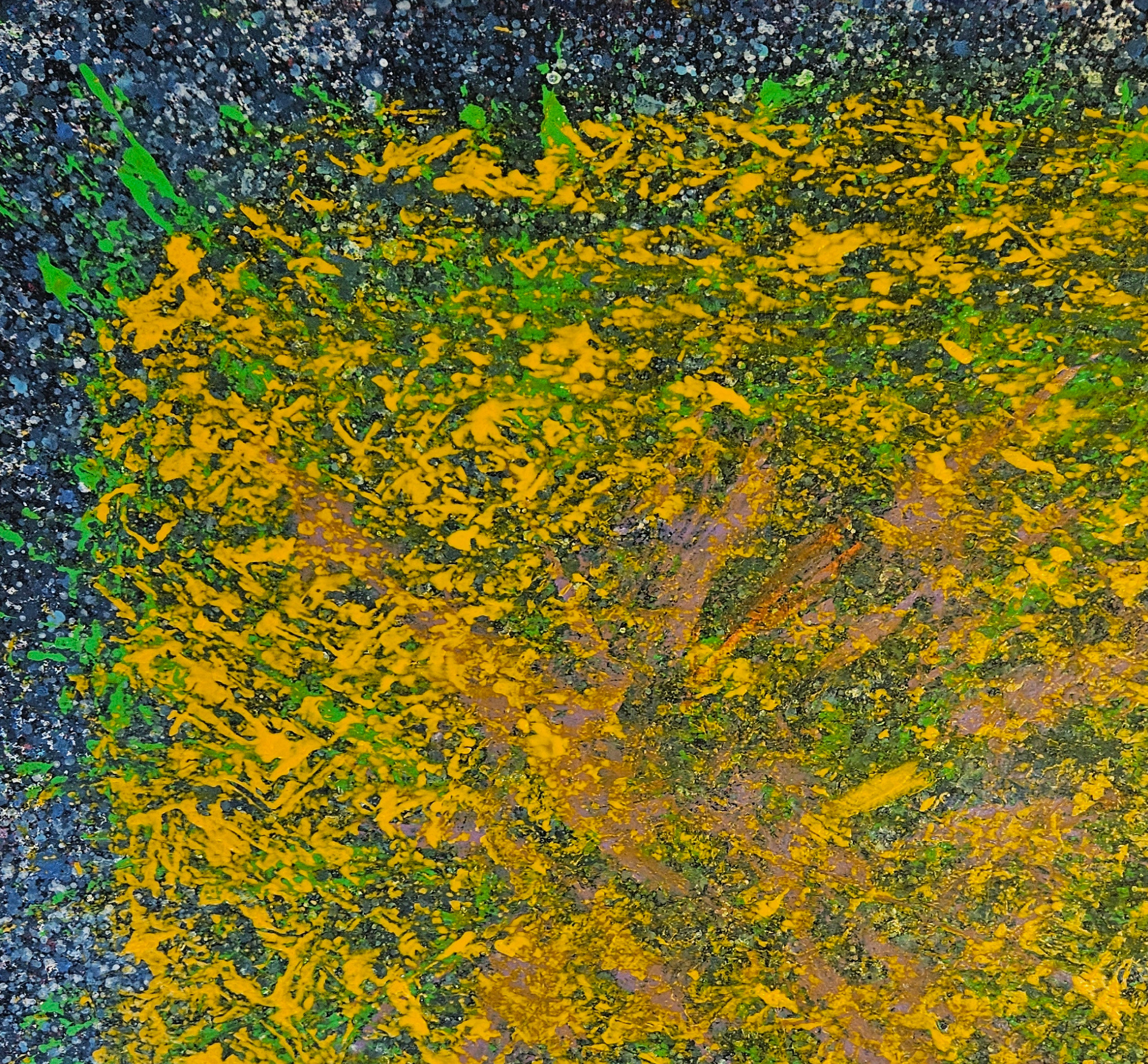 Passion jaune sur bleu, acrylique sur toile 100x100cm – Image 4