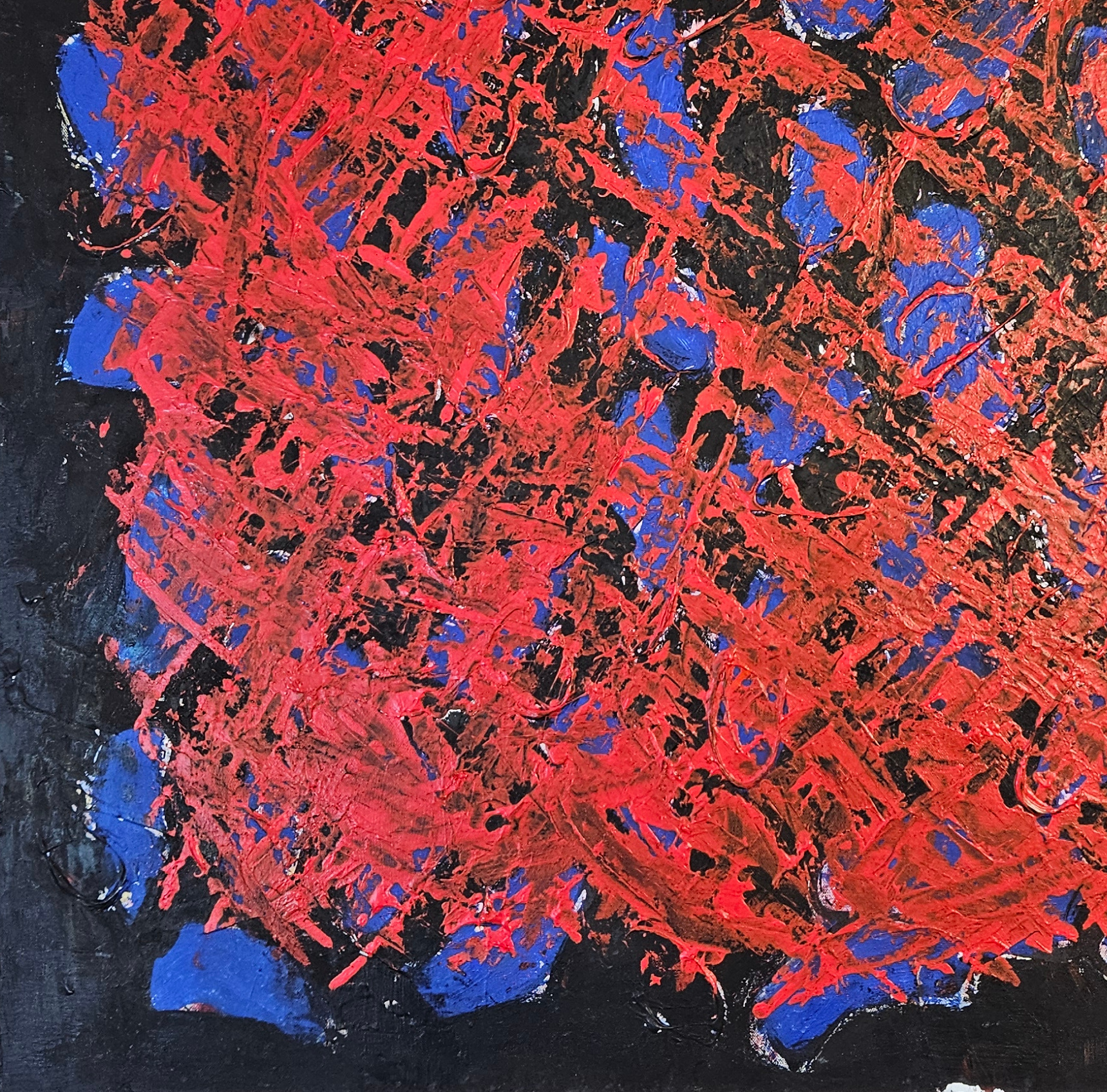 Passion rouge et bleu sur noir, acrylique sur toile 100x100cm – Image 4