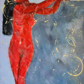 Femme en rouge appuyée peinture acrylique sur toile 100x73cm