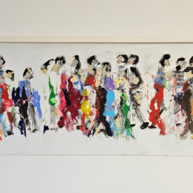 Hommes qui marchent, foule sur fond blanc 3 peinture acrylique sur toile 50x150cm