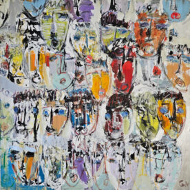 Multitêtebleu orange rouge peinture acrylique sur toile 100x100cm