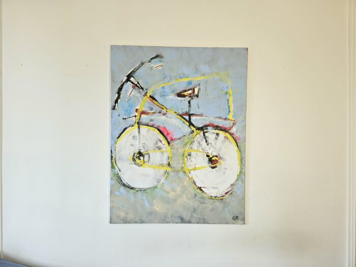 Vélo jaune et rose peinture acrylique moderne sur toile 116x89cm – Image 2