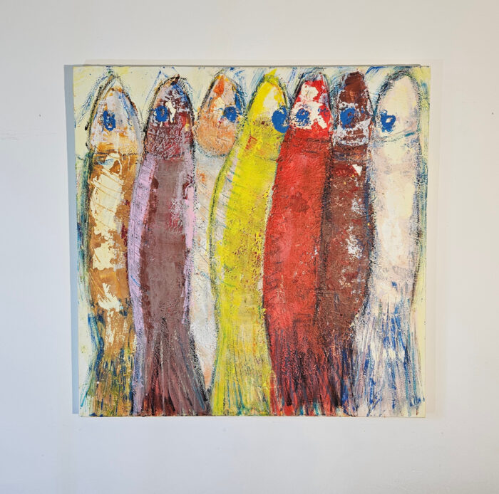 Sardines jaune rouge violet Peinture acrylique sur toile 100x100cm – Image 2