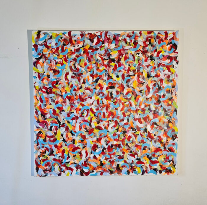 Petite friture rouge et bleu peinture acrylique sur toile 100x100cm – Image 2