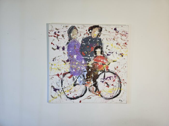 Cyclistes, vélo en famille peinture acrylique sur toile 100x100cm – Image 2