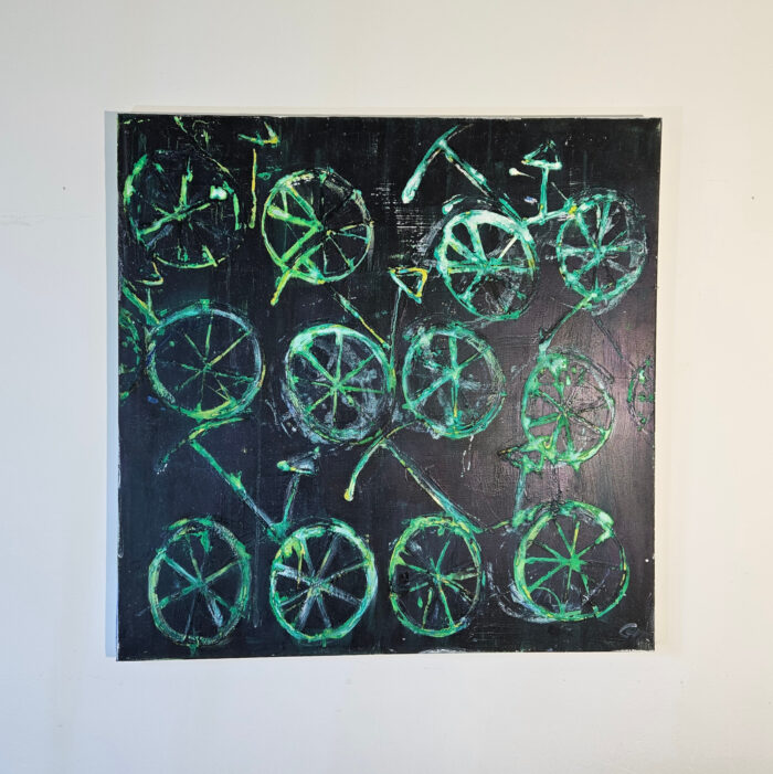 Bicyclettes, vélos blancs sur fond vert peinture acrylique moderne sur toile 100x100cm – Image 2