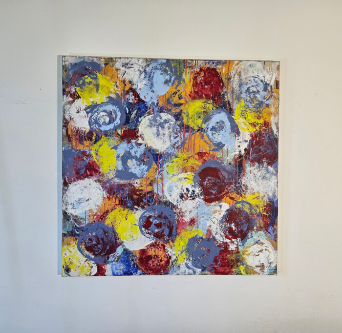 Fleurs bleu jaune rouge blanc peinture acrylique sur toile 100x100cm – Image 2