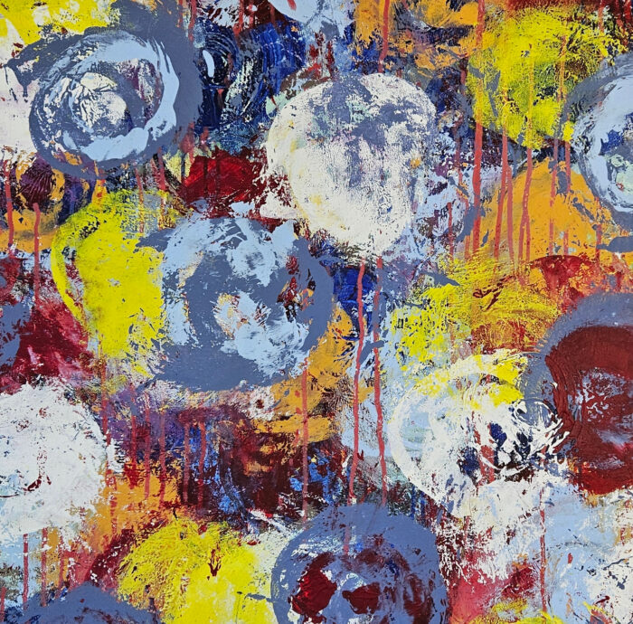 Fleurs bleu jaune rouge blanc peinture acrylique sur toile 100x100cm – Image 3