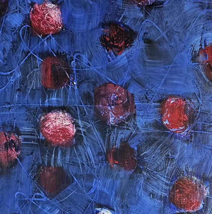 Fleurs rouges sur fond bleu acrylique sur toile 100x100cm – Image 3