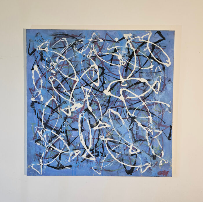 Poisson abstrait bleu blanc noir peinture acrylique sur toile 100x100cm – Image 2