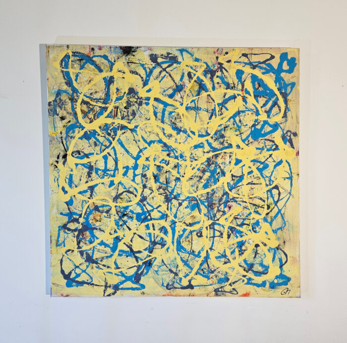 Poisson abstrait jaune et bleu acrylique sur toile 100x100cm – Image 2
