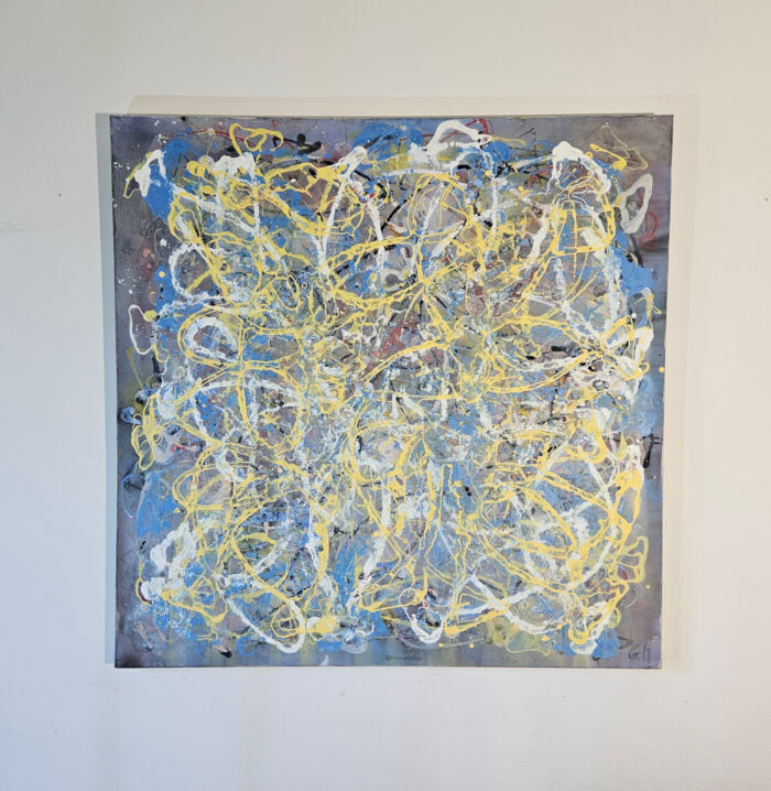 Poisson abstrait bleu, jaune, blanc peinture acrylique sur toile 100x100cm – Image 2