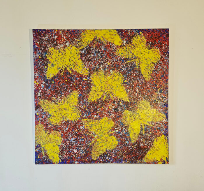 Papillons jaunes sur fond rouge peinture moderne acrylique sur toile 100x100cm – Image 2
