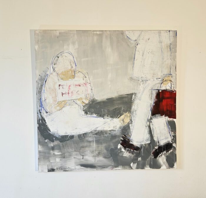 Portrait d'un sans domicile fixe assis et d'un passant avec sac rouge peinture moderne acrylique sur toile 100x100cm – Image 2