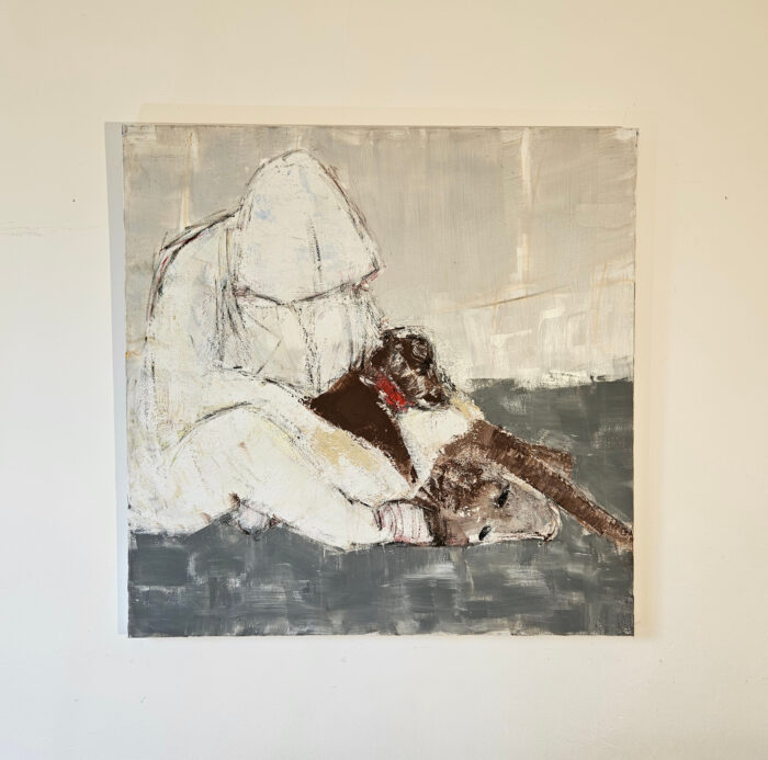 Portrait d'un sans domicile fixe avec 2 chiens : acrylique sur toile 100x100cm – Image 2