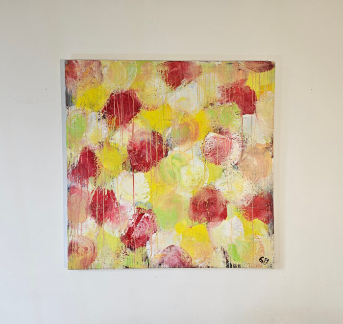 Fleur rouge, verte, jaune peinture acrylique sur toile 100x100cm – Image 3