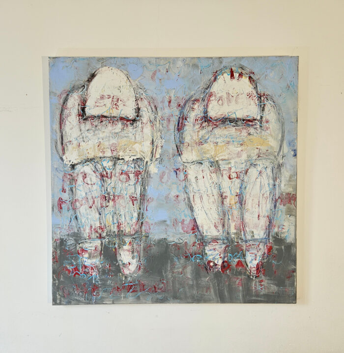 Portrait de deux sans domicile fixe assis peinture acrylique moderne sur toile 100x100cm – Image 2