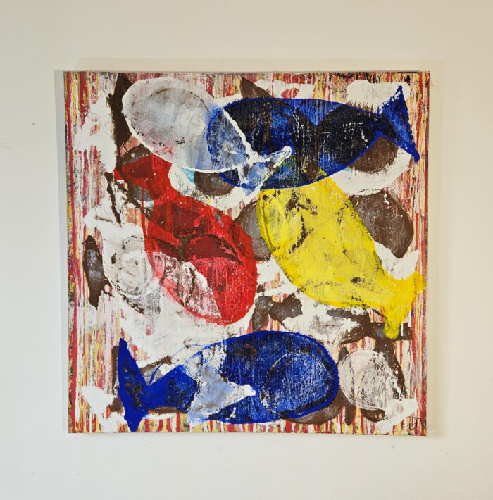 Poisson de couleur sur fond strié peinture acrylique sur toile 100x100cm – Image 2
