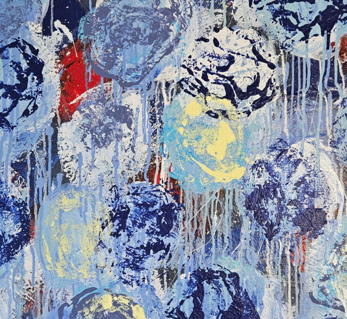 Fleur bleu rouge et jaune peinture acrylique sur toile 100x100cm – Image 3