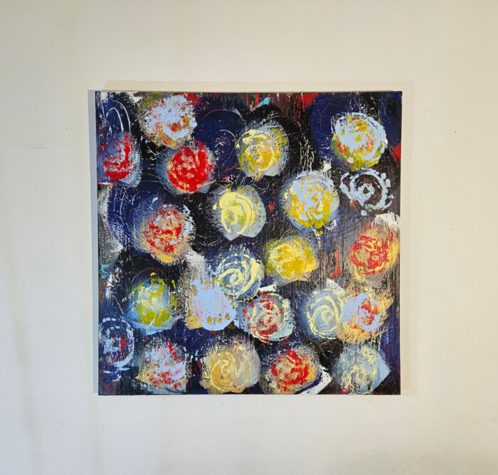 Fleur bleu jaune rouge verte peinture acrylique sur toile 100x100cm – Image 2