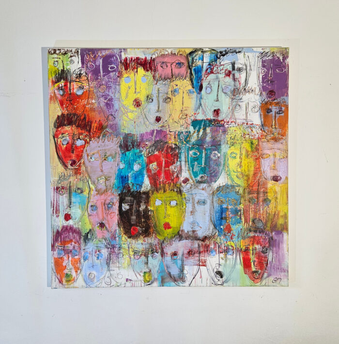 Multitête de couleur rouge bleu noir et jaune peinture acrylique sur toile 100x100cm – Image 2