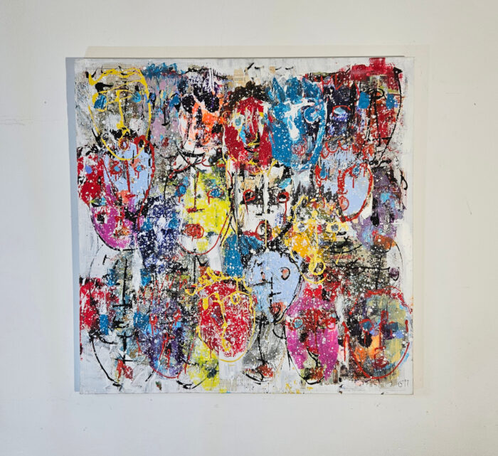 Multitête en rouge et rose peinture acrylique sur toile 100x100cm – Image 2