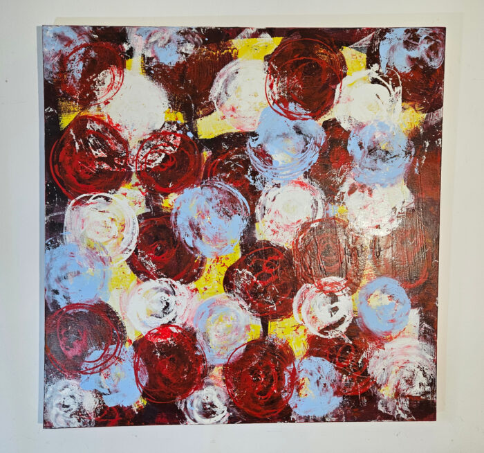 Fleurs bleu jaune rouge peinture acrylique sur toile 100x100cm – Image 2