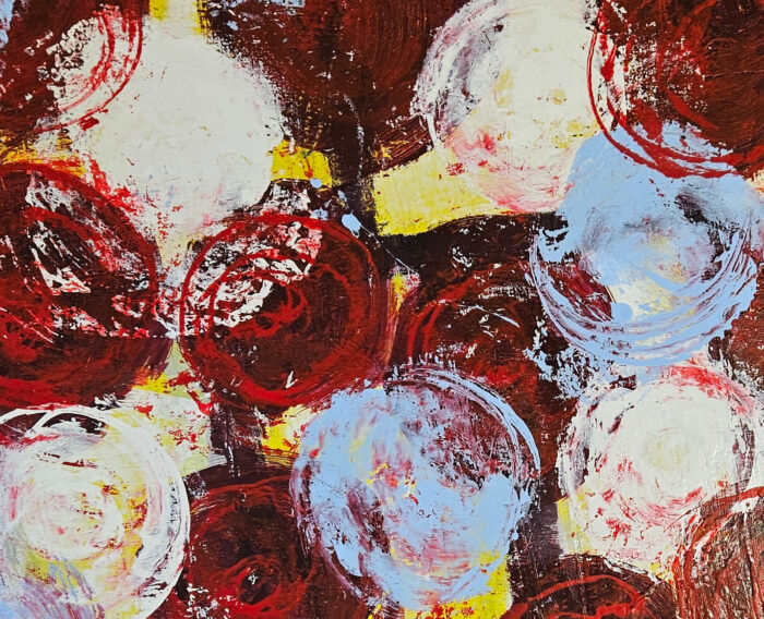Fleurs bleu jaune rouge peinture acrylique sur toile 100x100cm – Image 3