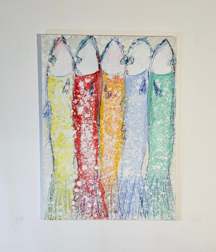 Sardines jaune rouge orange bleu vert peinture acrylique sur toile 100x73cm – Image 2
