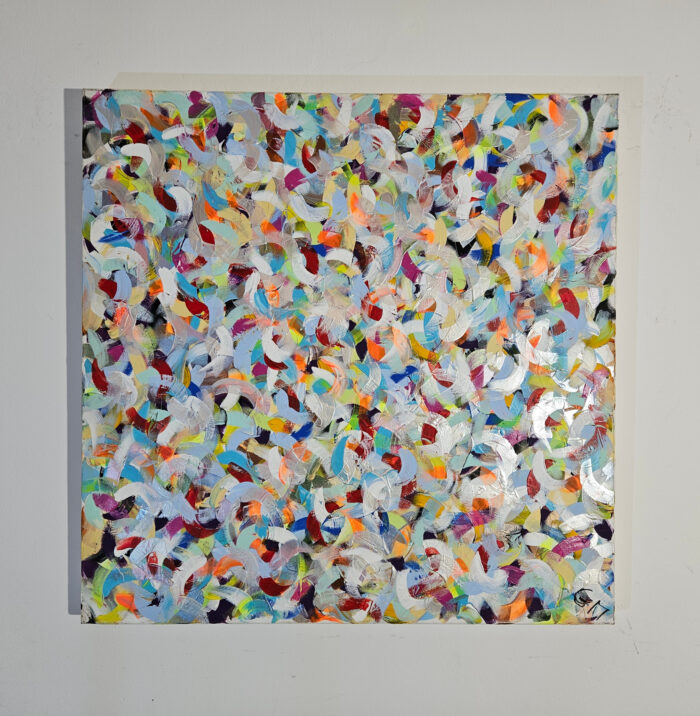 Petite friture bleu et argent abstrait : acrylique sur toile 80x80cm – Image 2
