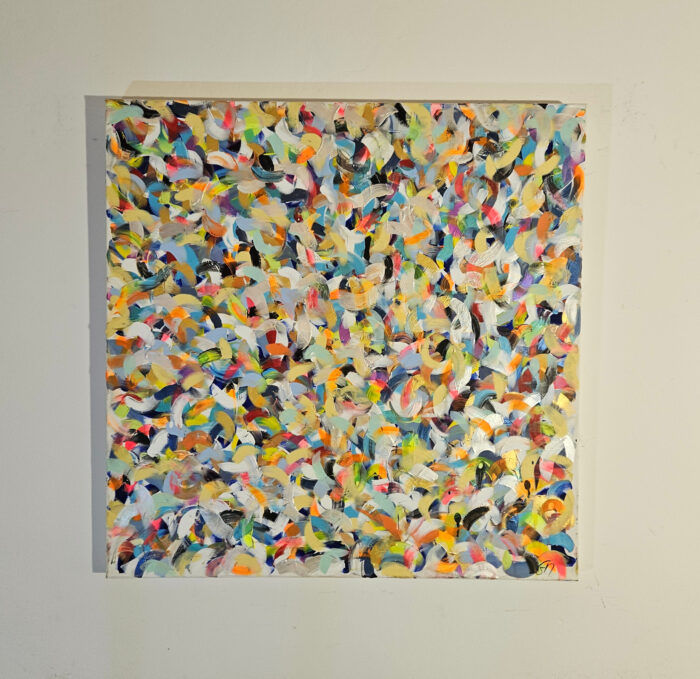Petite friture bleu et jaune peinture acrylique sur toile 80x80cm – Image 2
