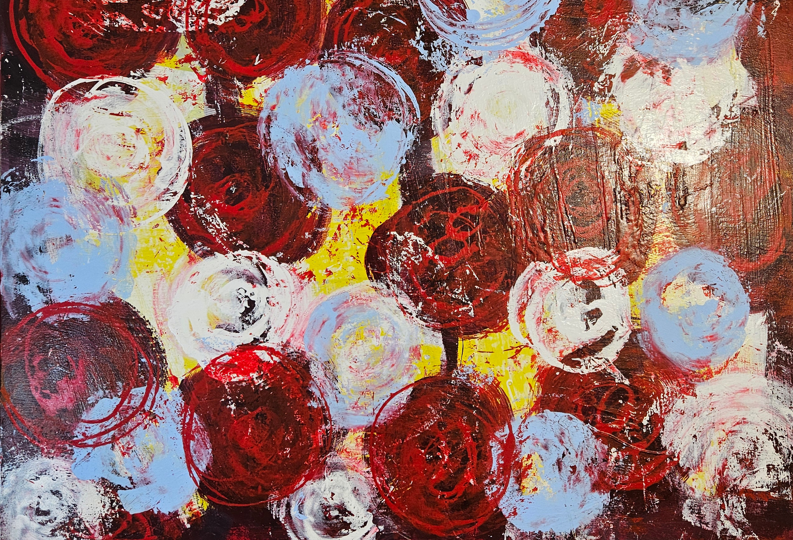 Fleurs bleu jaune rouge peinture acrylique sur toile 100x100cm – Image 5