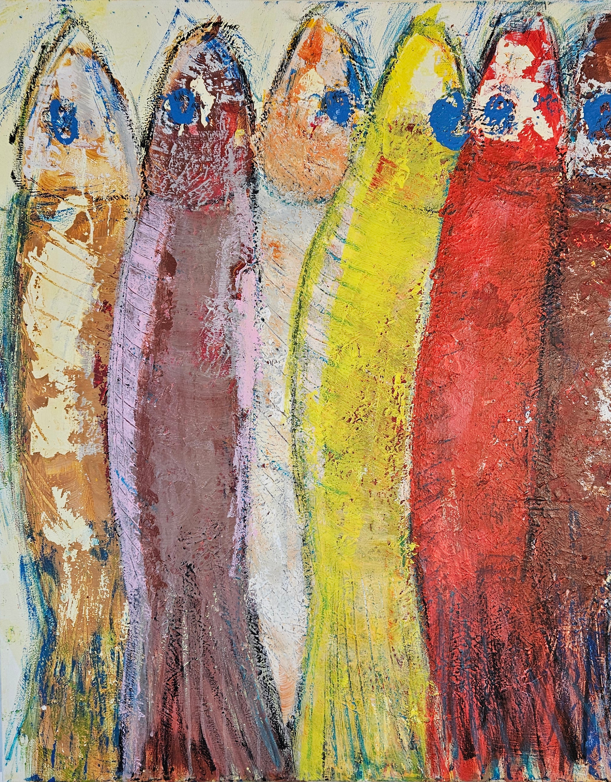 Sardines jaune rouge violet Peinture acrylique sur toile 100x100cm – Image 3