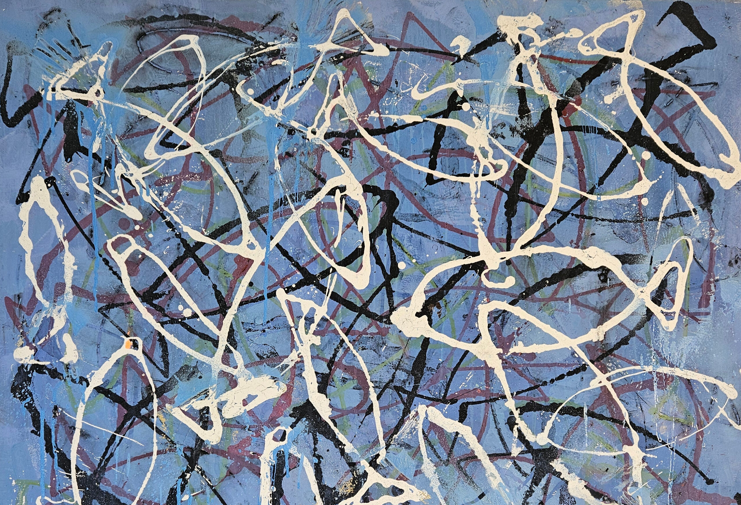 Poisson abstrait bleu blanc noir peinture acrylique sur toile 100x100cm – Image 3