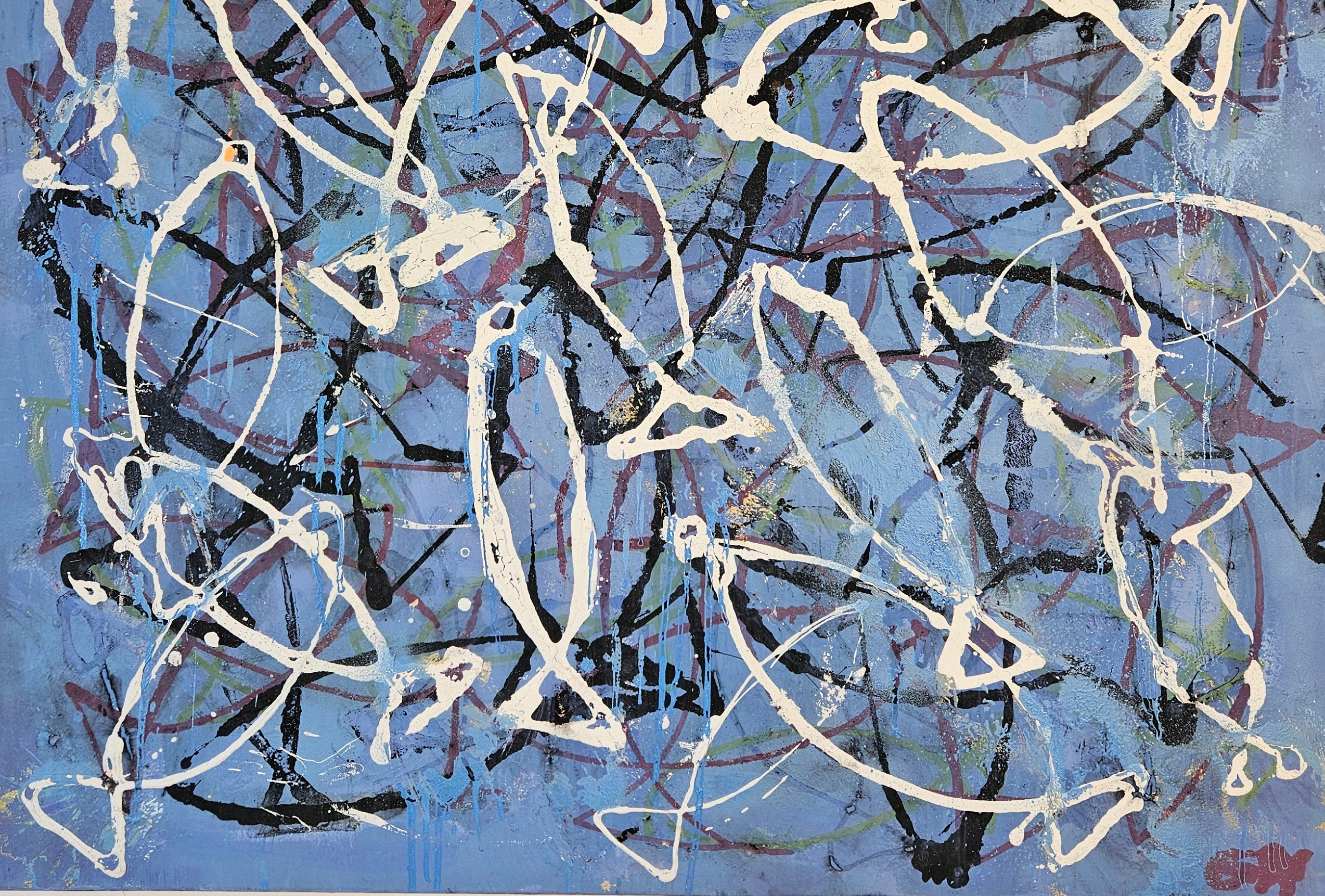 Poisson abstrait bleu blanc noir peinture acrylique sur toile 100x100cm – Image 4