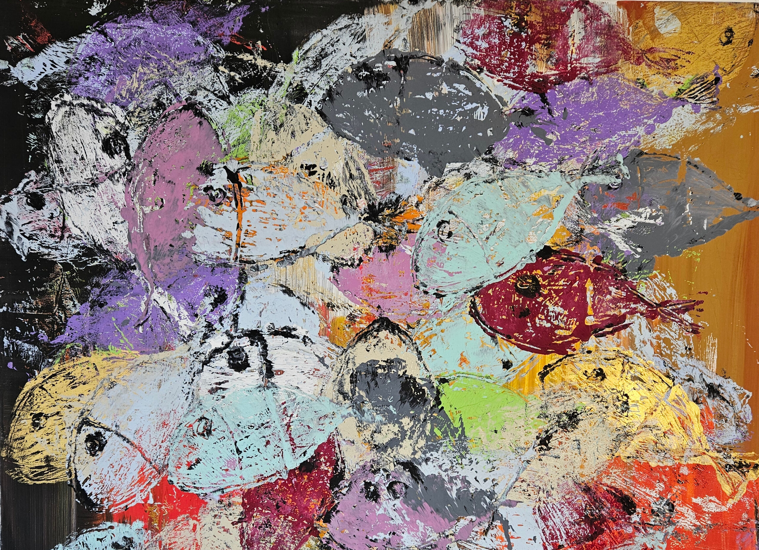 Poissons sur fond noir et rouge, acrylique sur toile 100x100cm – Image 4