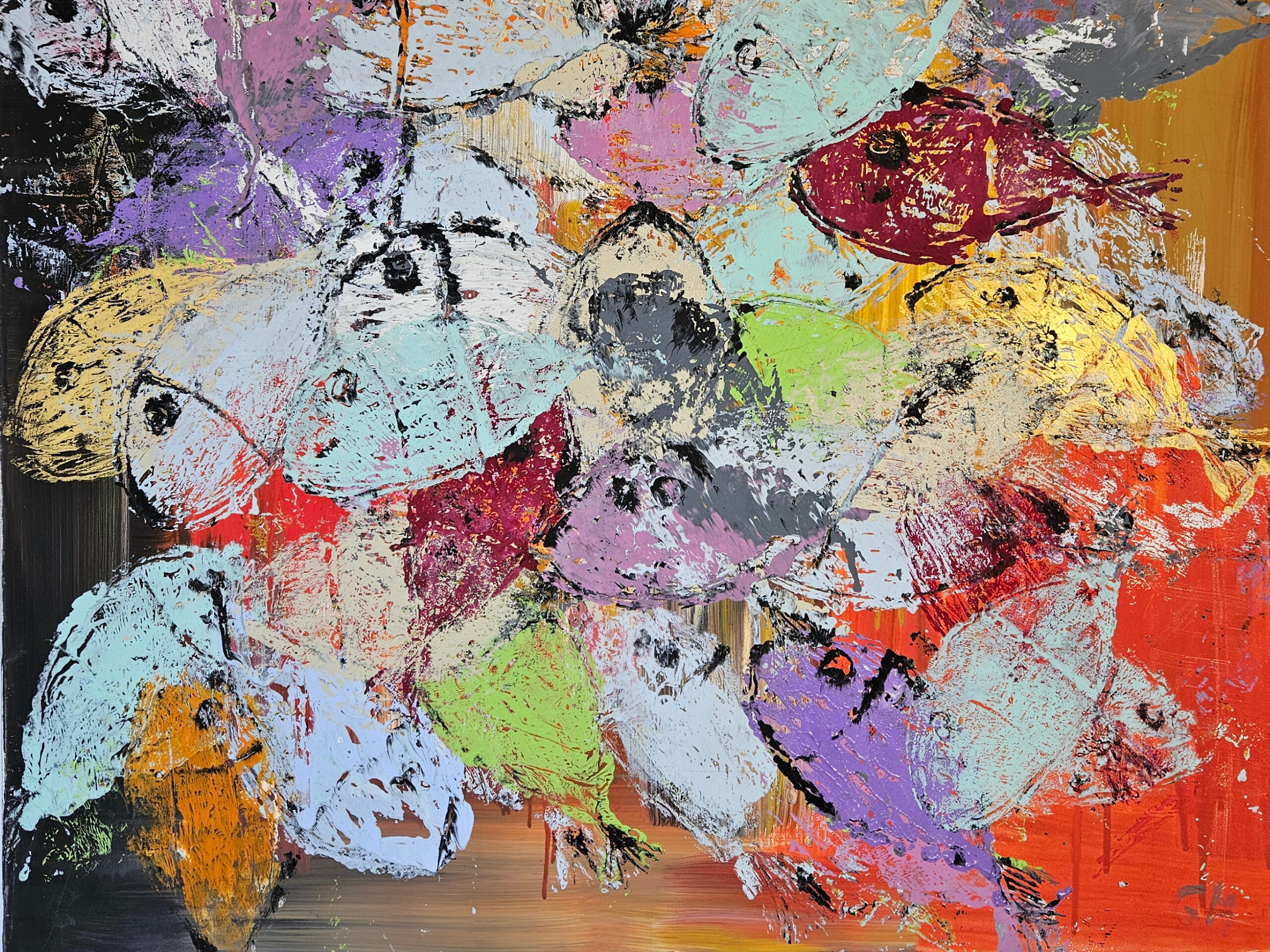 Poissons sur fond noir et rouge, acrylique sur toile 100x100cm – Image 3