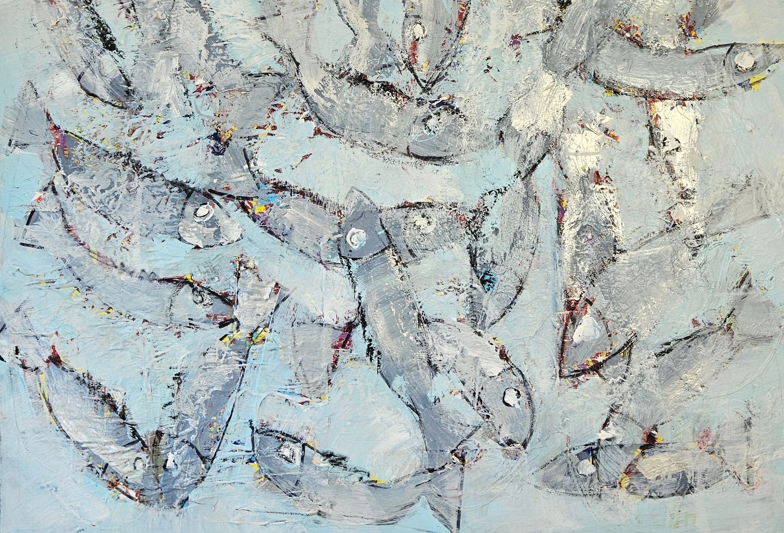 Poisson gris sur fond bleu clair peinture acrylique sur toile 100x100cm – Image 4