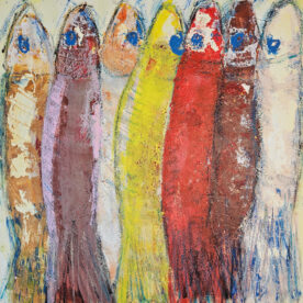 Sardines jaune rouge violet Peinture acrylique sur toile 100x100cm