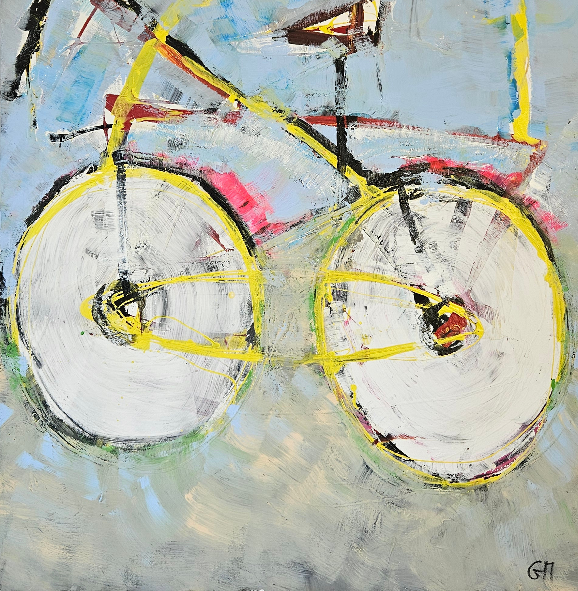 Vélo jaune et rose peinture acrylique moderne sur toile 116x89cm – Image 4