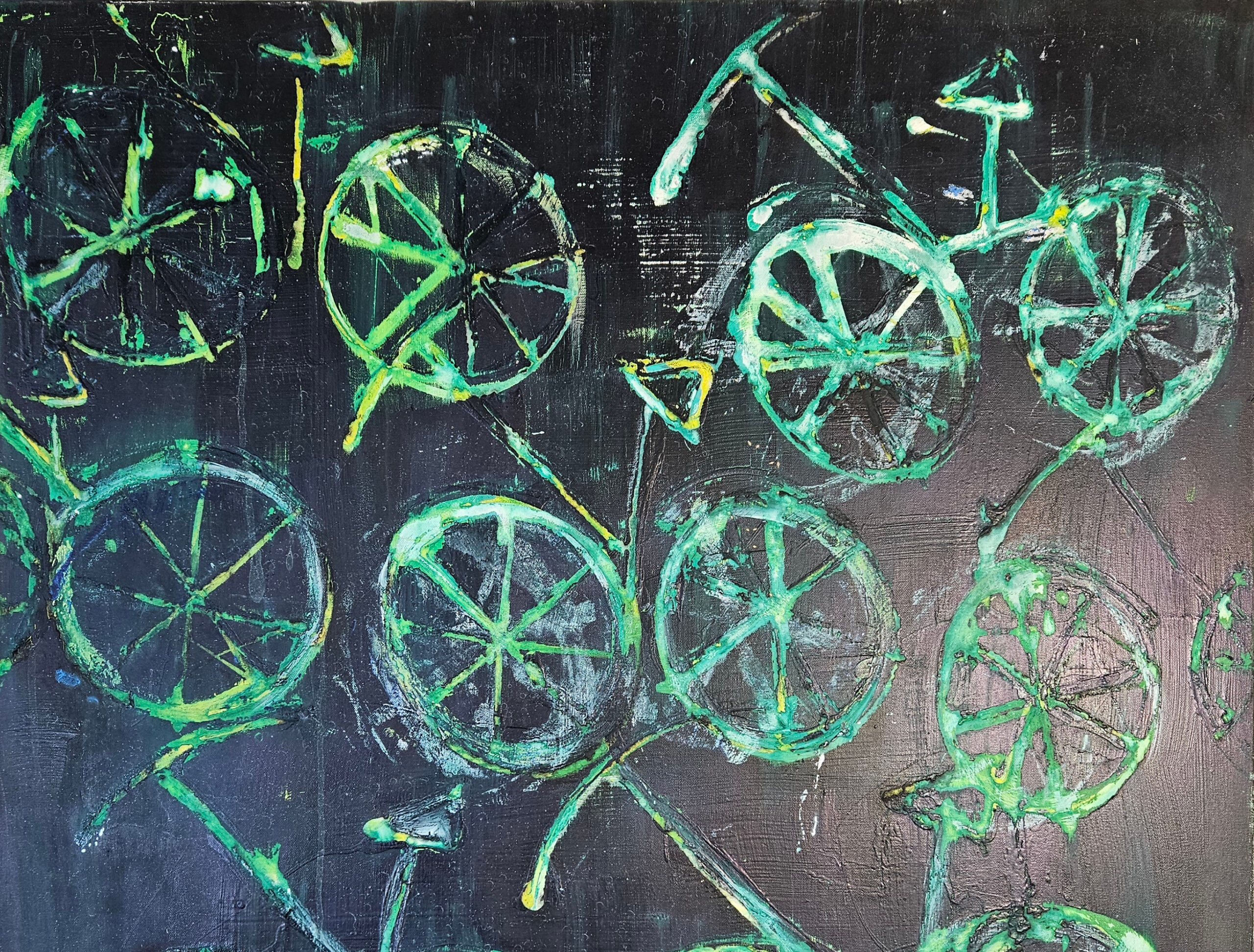 Bicyclettes, vélos blancs sur fond vert peinture acrylique moderne sur toile 100x100cm – Image 3